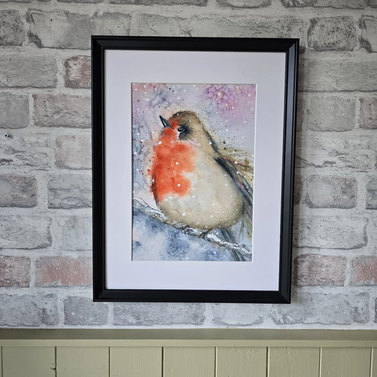 Watercolour Painting Robin Bird Wildlife Art Snow Framed thumbnail 2