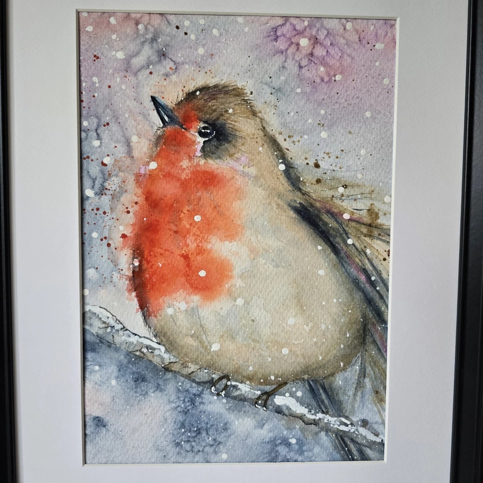 Watercolour Painting Robin Bird Wildlife Art Snow Framed thumbnail 11