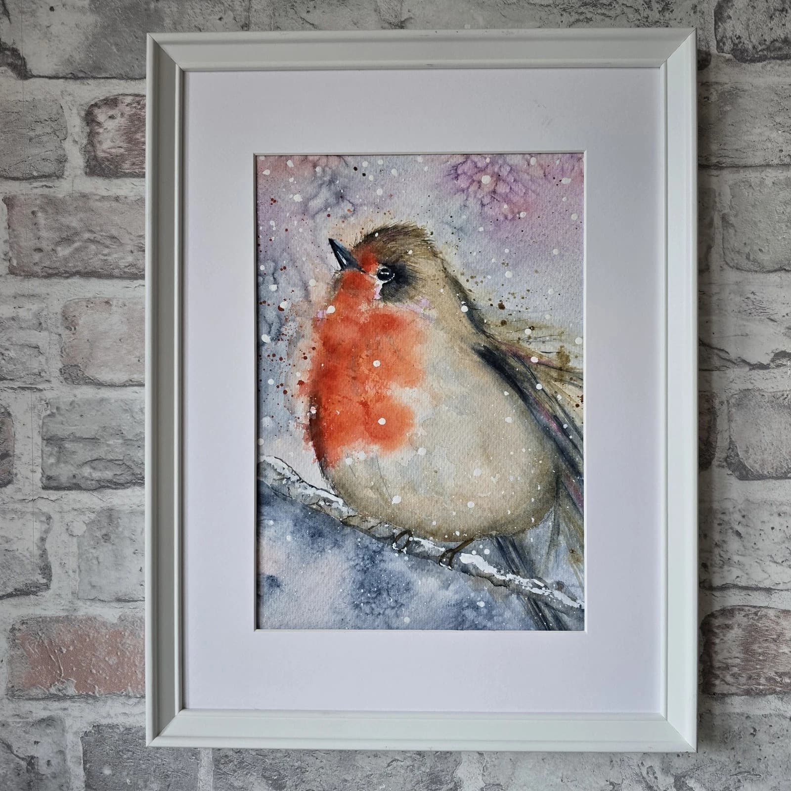 Watercolour Painting Robin Bird Wildlife Art Snow Framed thumbnail 12
