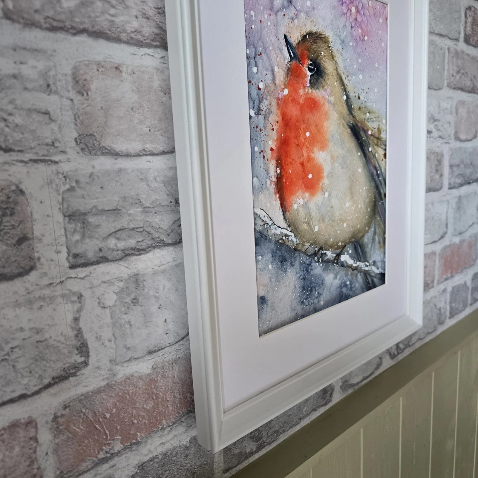 Watercolour Painting Robin Bird Wildlife Art Snow Framed thumbnail 13