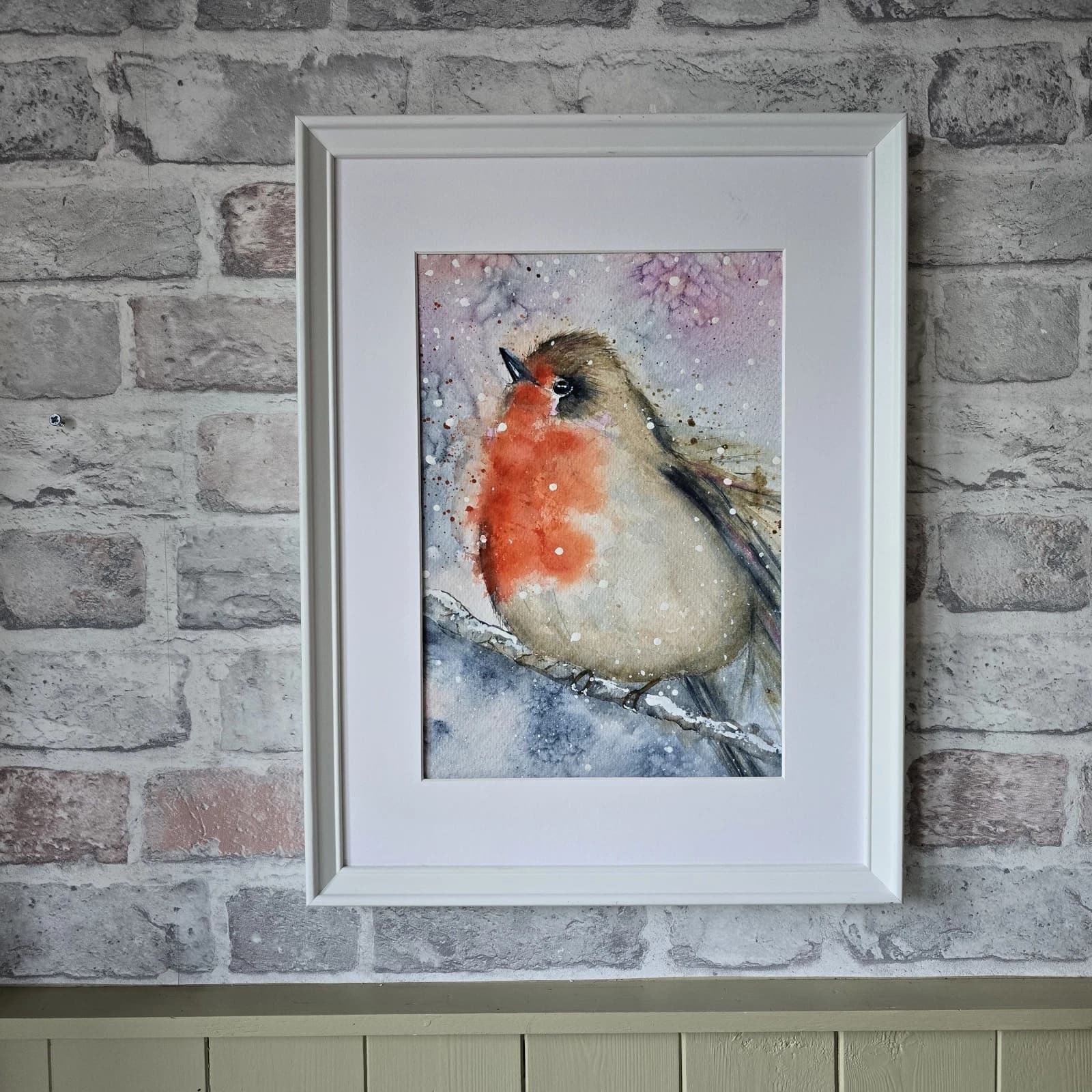 Watercolour Painting Robin Bird Wildlife Art Snow Framed thumbnail 14