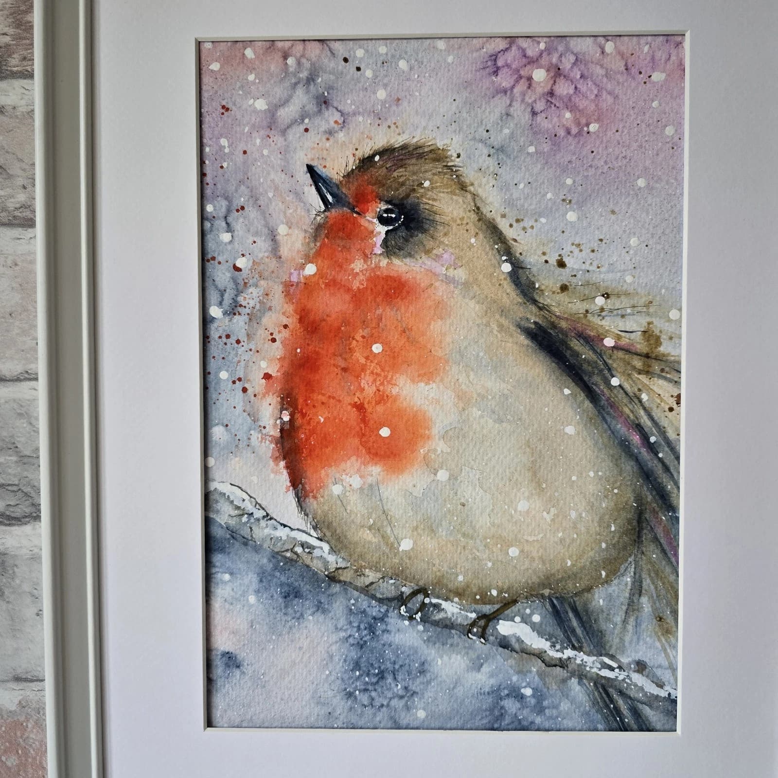 Watercolour Painting Robin Bird Wildlife Art Snow Framed thumbnail 15