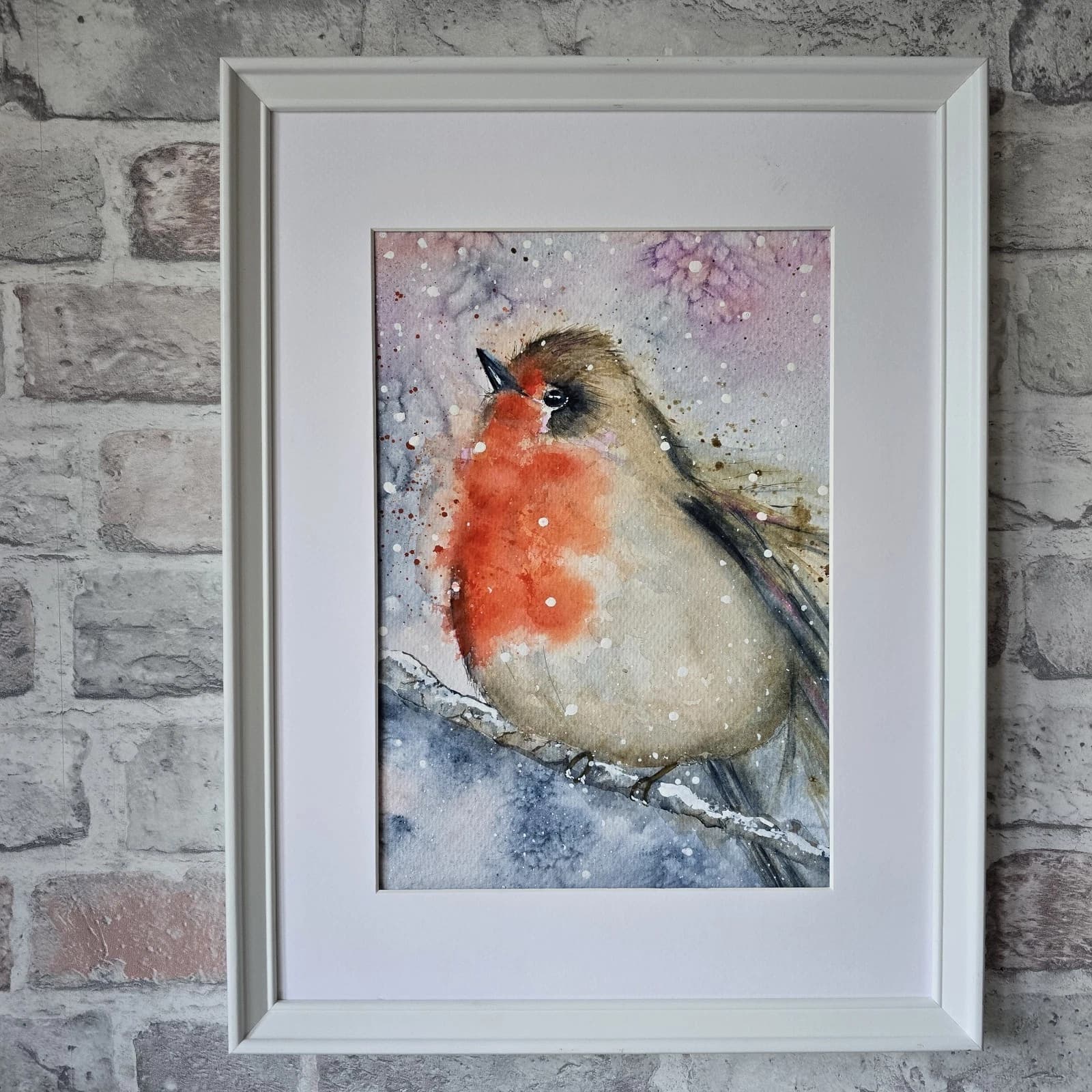 Watercolour Painting Robin Bird Wildlife Art Snow Framed thumbnail 16