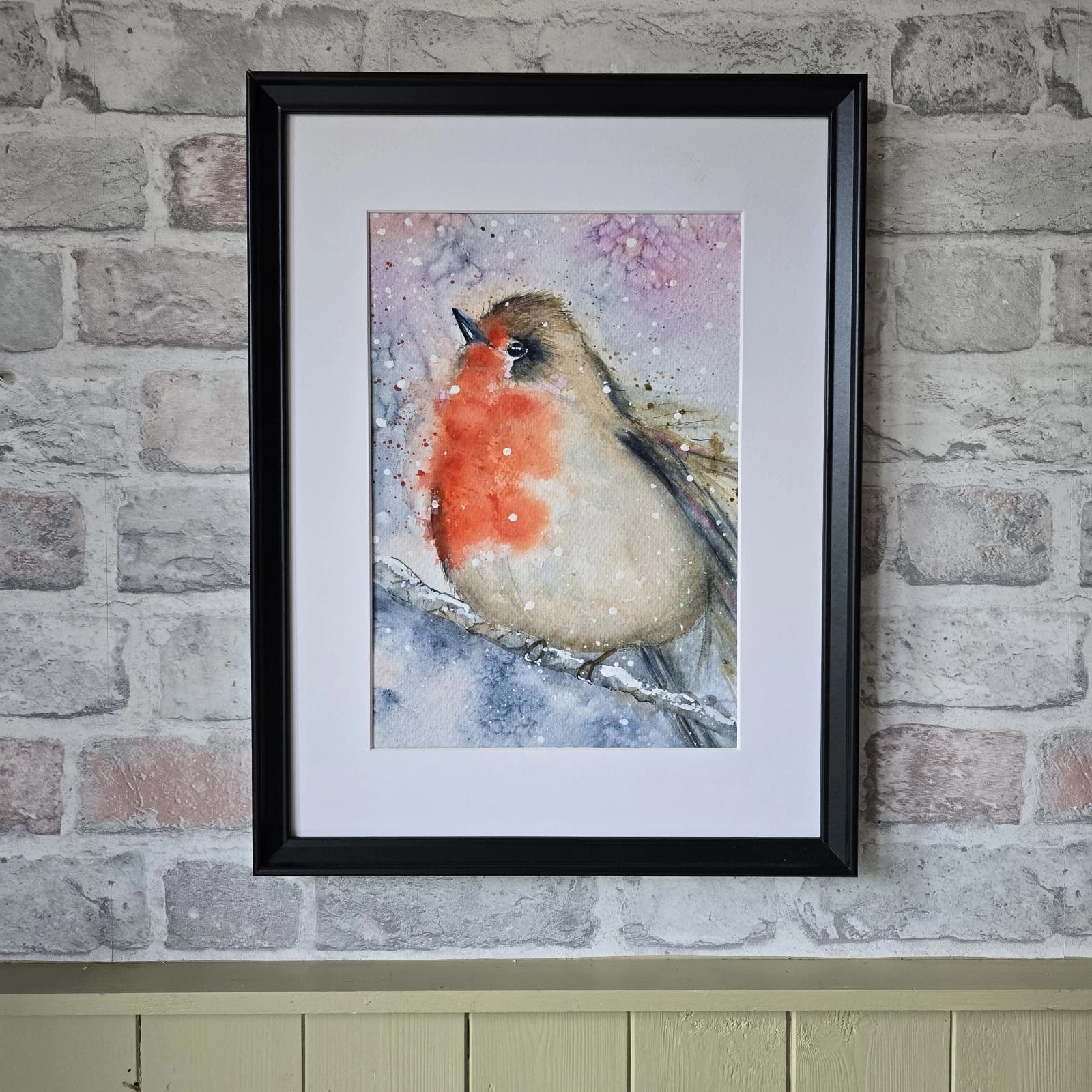 Watercolour Painting Robin Bird Wildlife Art Snow Framed thumbnail 4