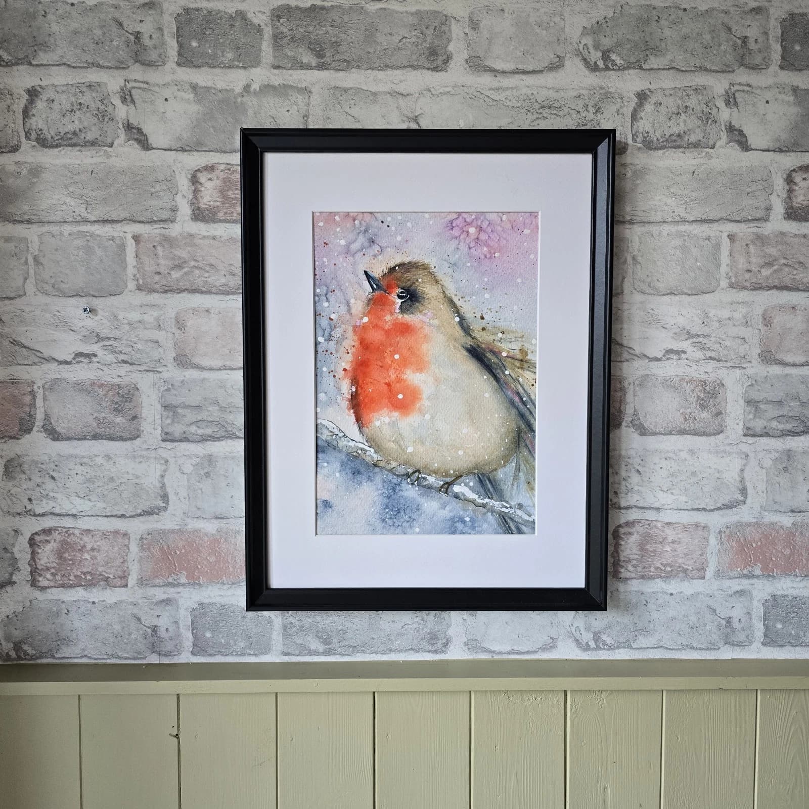 Watercolour Painting Robin Bird Wildlife Art Snow Framed thumbnail 5