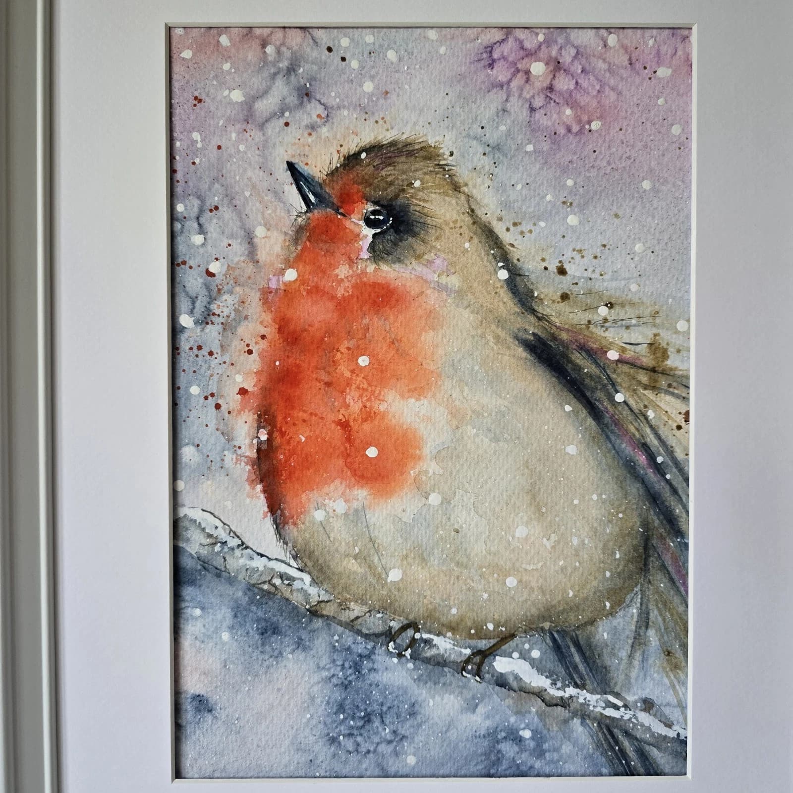 Watercolour Painting Robin Bird Wildlife Art Snow Framed thumbnail 7