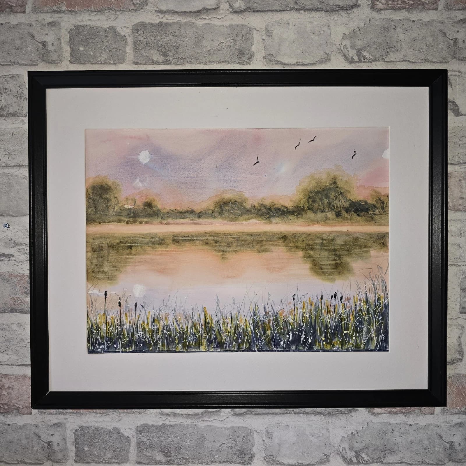 Watercolour Painting Warm Sunset Landscape Lake River Framed thumbnail 2
