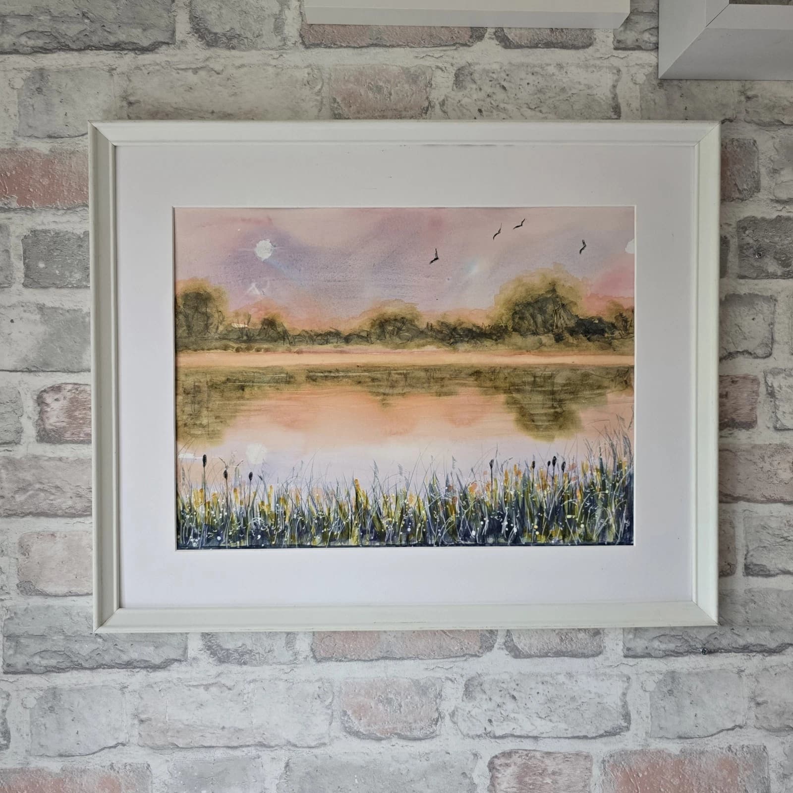 Watercolour Painting Warm Sunset Landscape Lake River Framed thumbnail 11