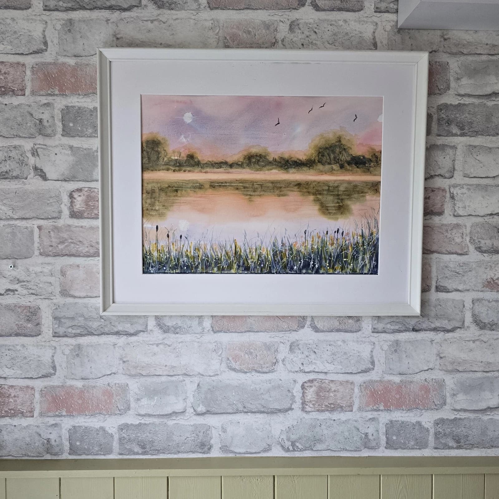 Watercolour Painting Warm Sunset Landscape Lake River Framed thumbnail 12
