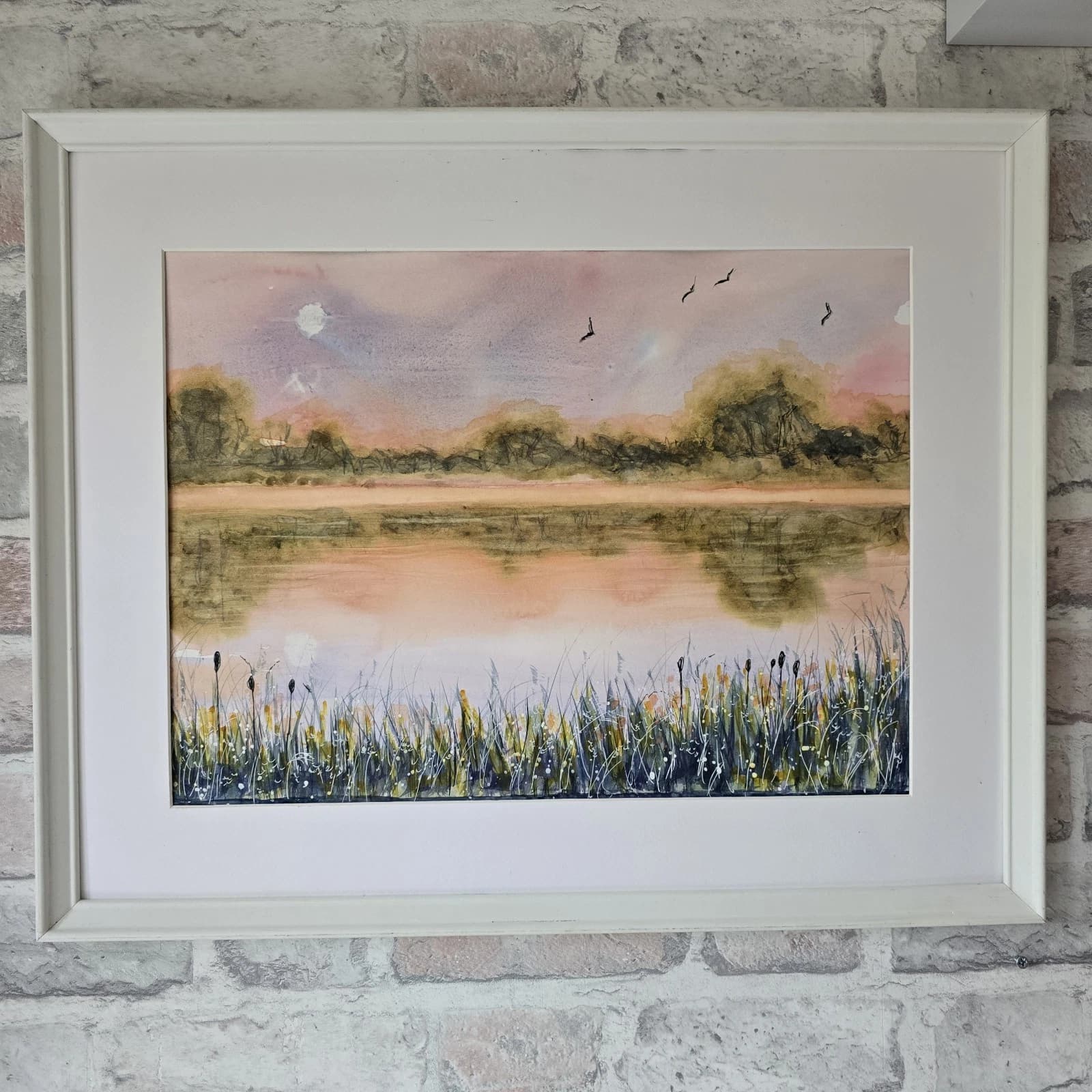 Watercolour Painting Warm Sunset Landscape Lake River Framed thumbnail 14