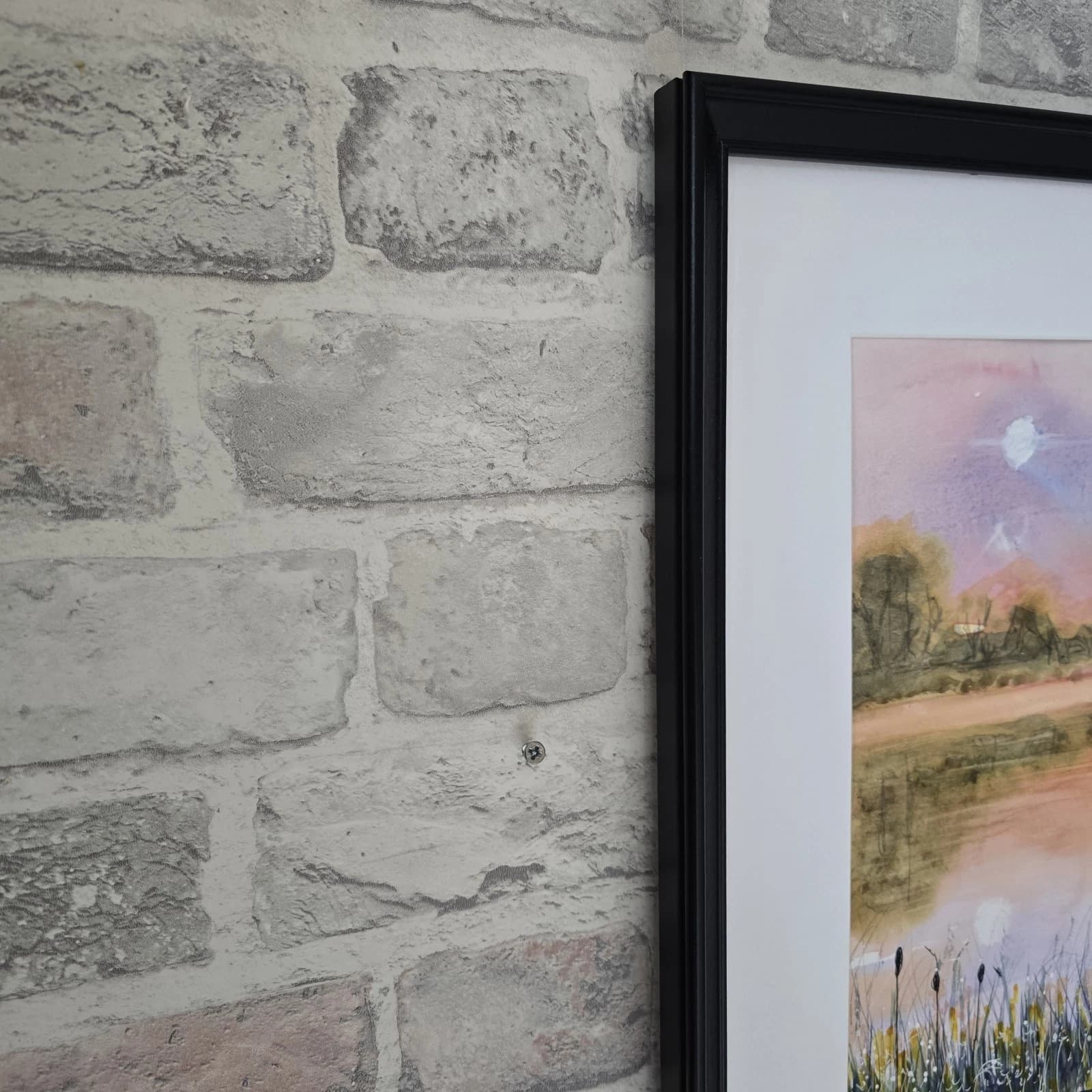 Watercolour Painting Warm Sunset Landscape Lake River Framed thumbnail 3