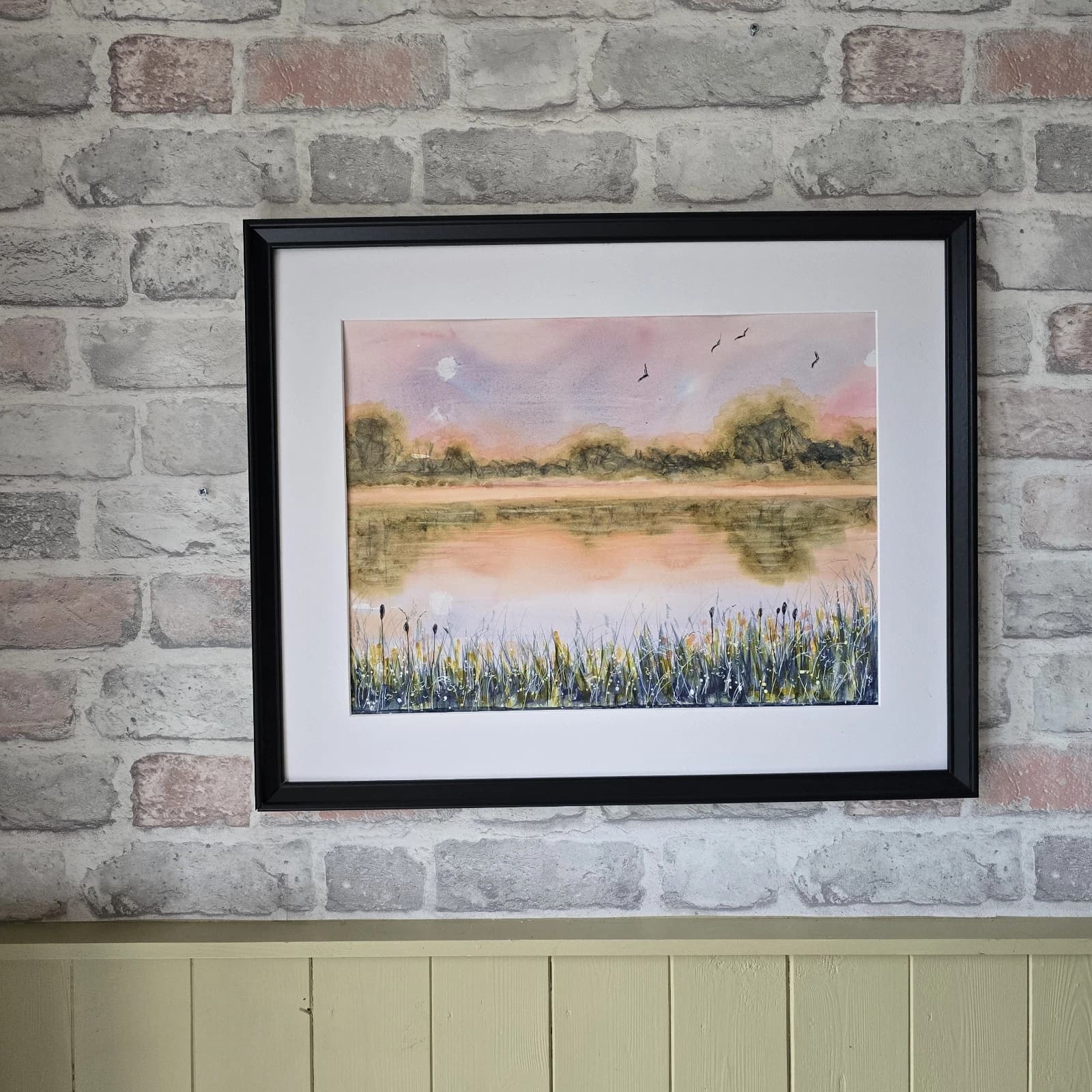 Watercolour Painting Warm Sunset Landscape Lake River Framed thumbnail 4
