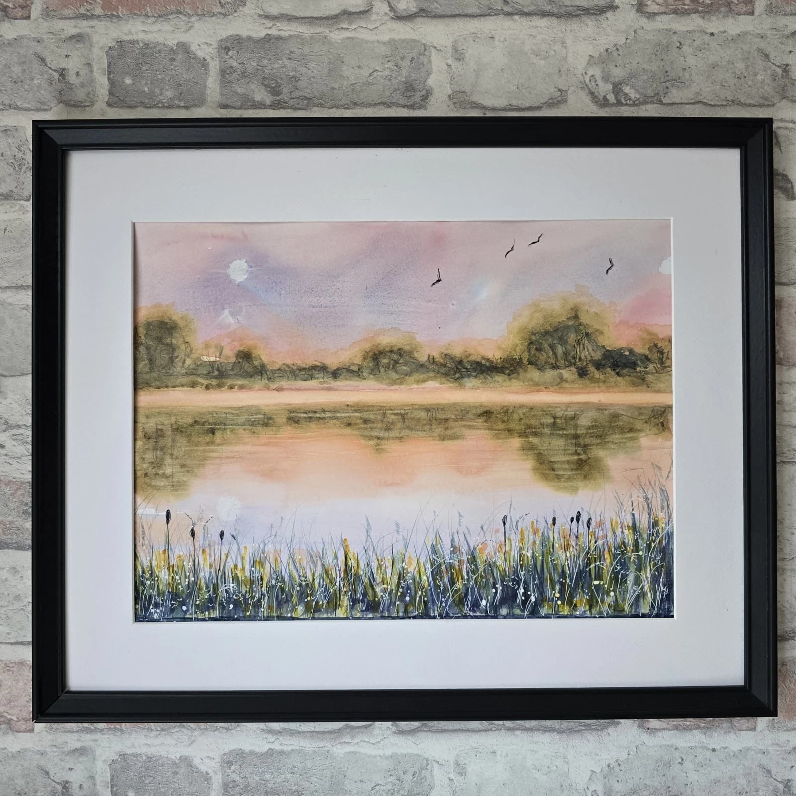 Watercolour Painting Warm Sunset Landscape Lake River Framed thumbnail 5