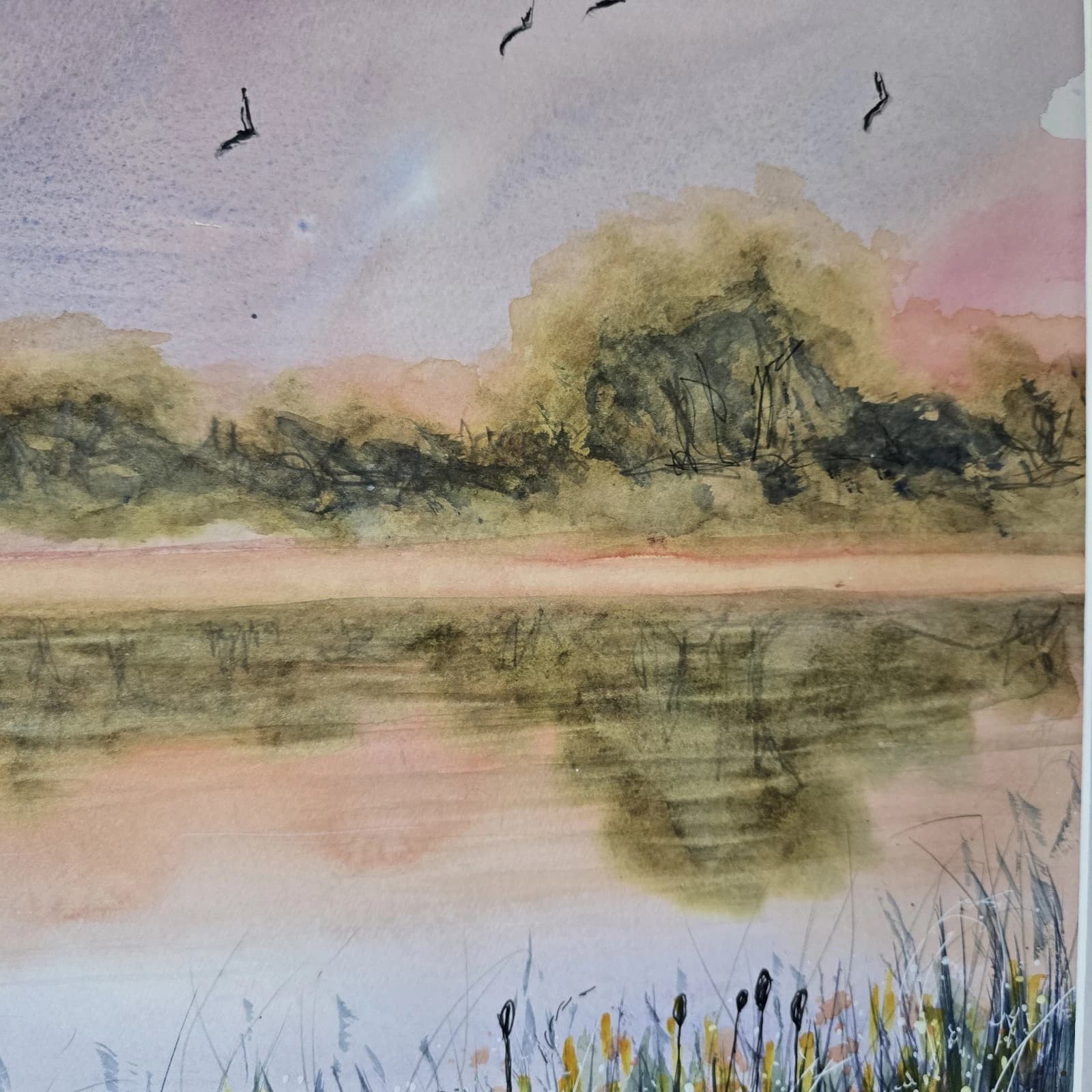 Watercolour Painting Warm Sunset Landscape Lake River Framed thumbnail 6