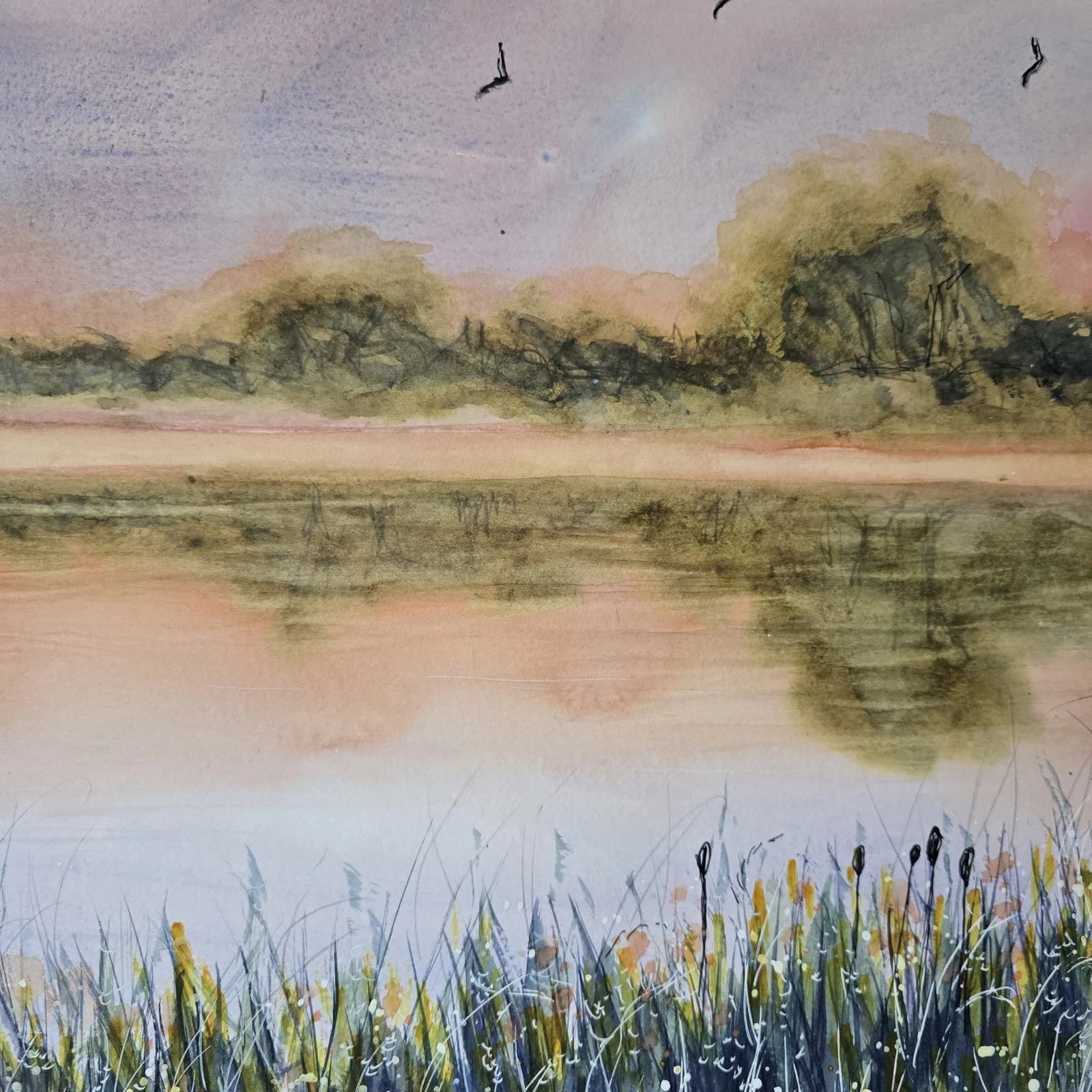Watercolour Painting Warm Sunset Landscape Lake River Framed thumbnail 7
