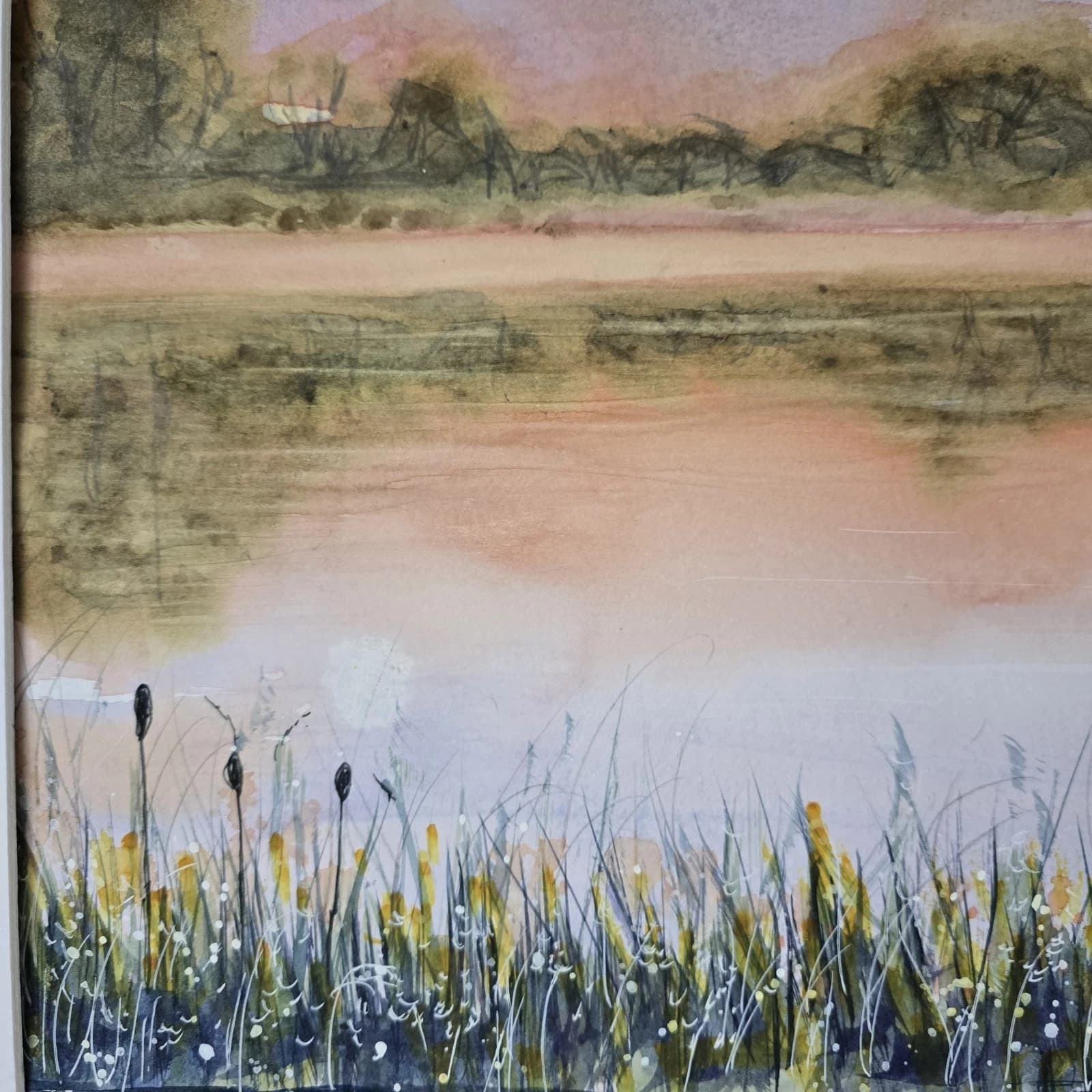 Watercolour Painting Warm Sunset Landscape Lake River Framed thumbnail 8