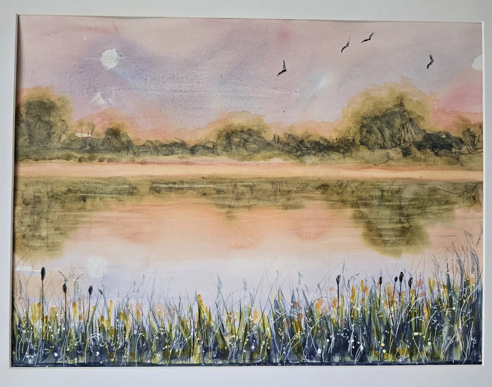 Watercolour Painting Warm Sunset Landscape Lake River Framed thumbnail 9