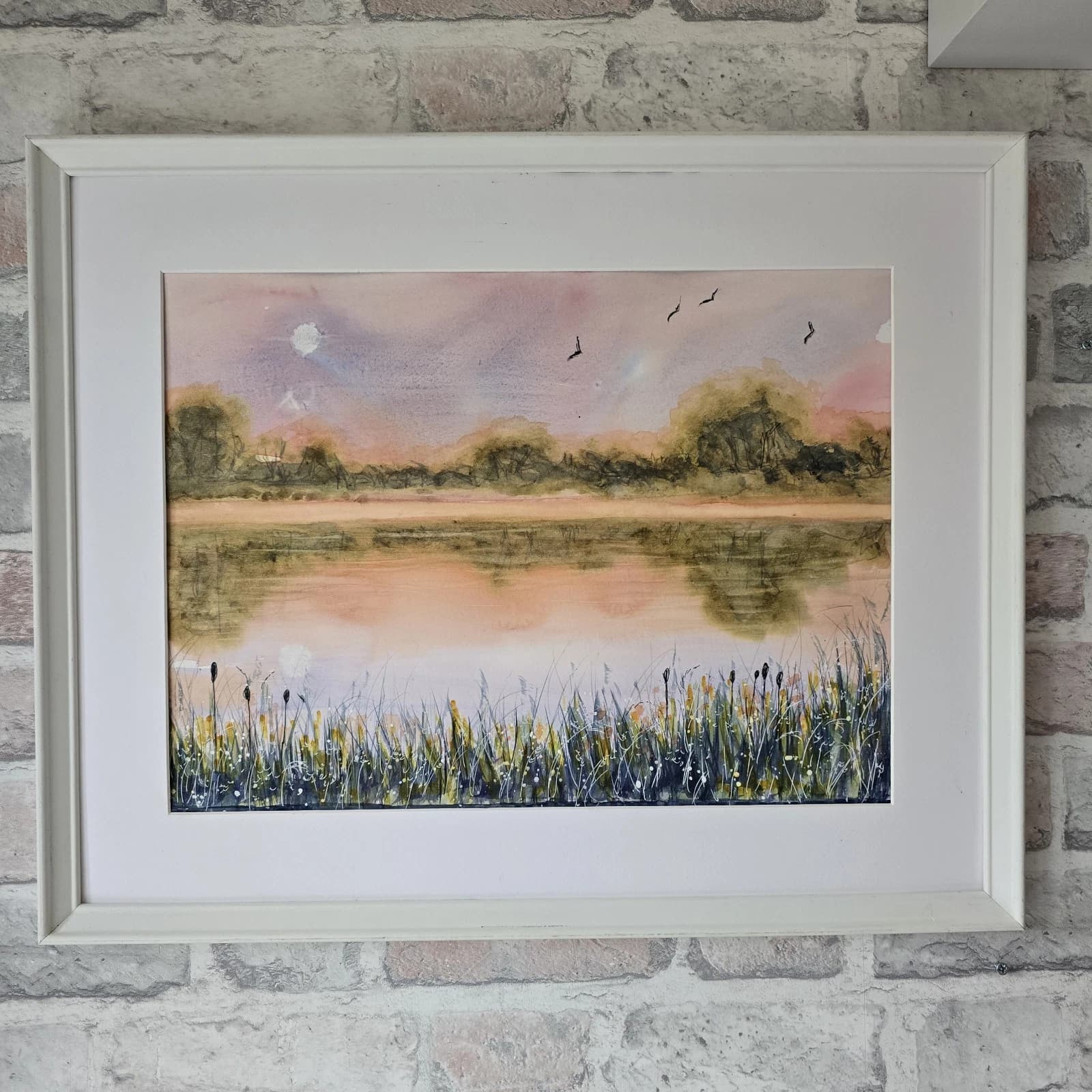 Watercolour Painting Warm Sunset Landscape Lake River Framed thumbnail 10