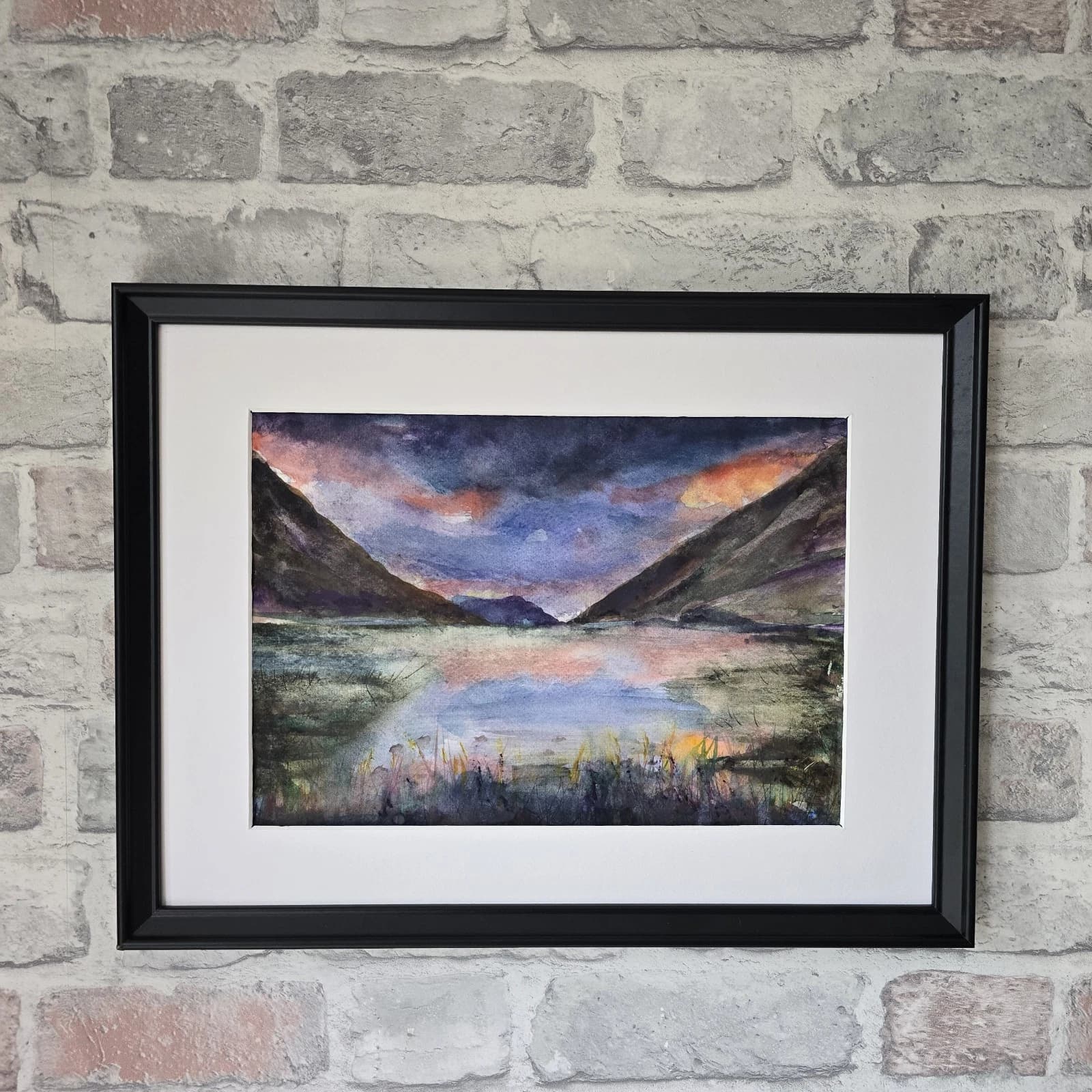 Watercolour Painting Western Highland Rain Loch Evite Sunset Framed thumbnail 3