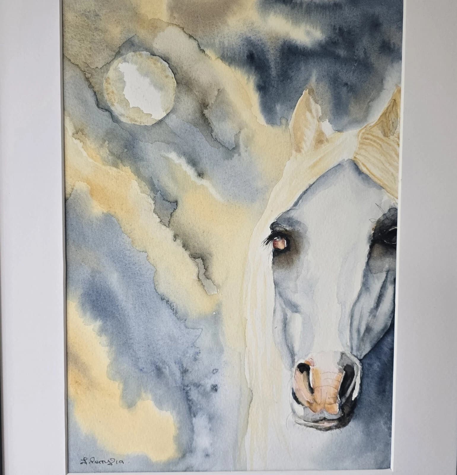 Watercolour Painting White Horse Pony Head Moonlight thumbnail 4