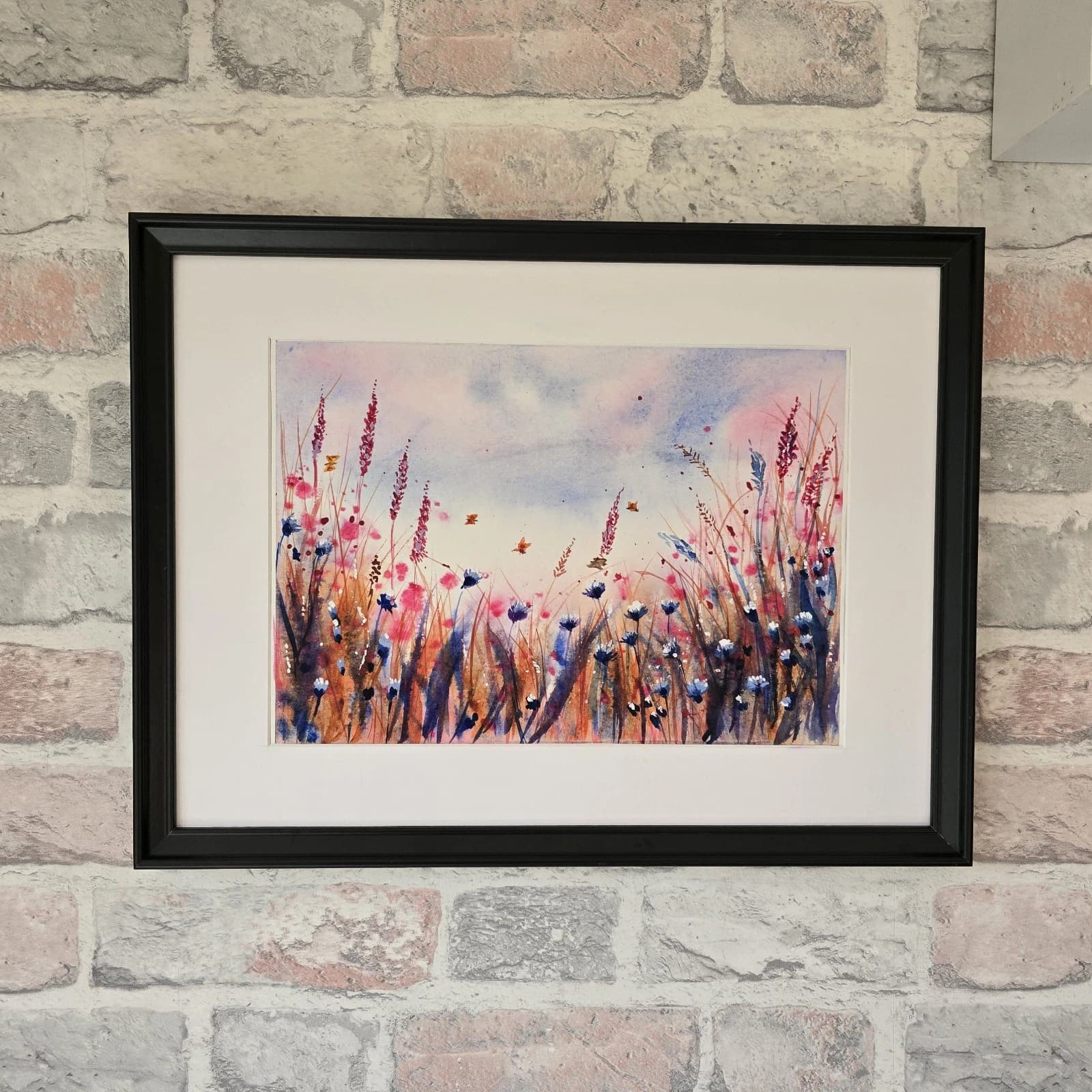 Watercolour Painting Wild Flowers Cornflowers Butterflies Framed thumbnail 2