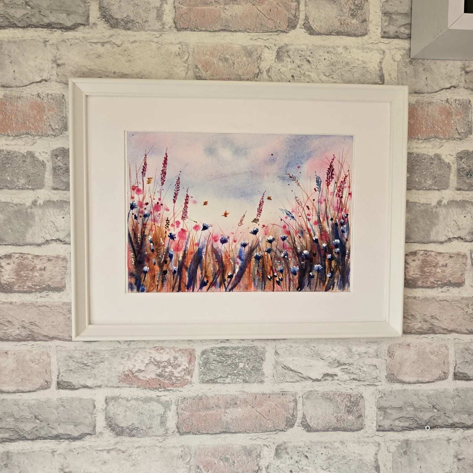 Watercolour Painting Wild Flowers Cornflowers Butterflies Framed thumbnail 11