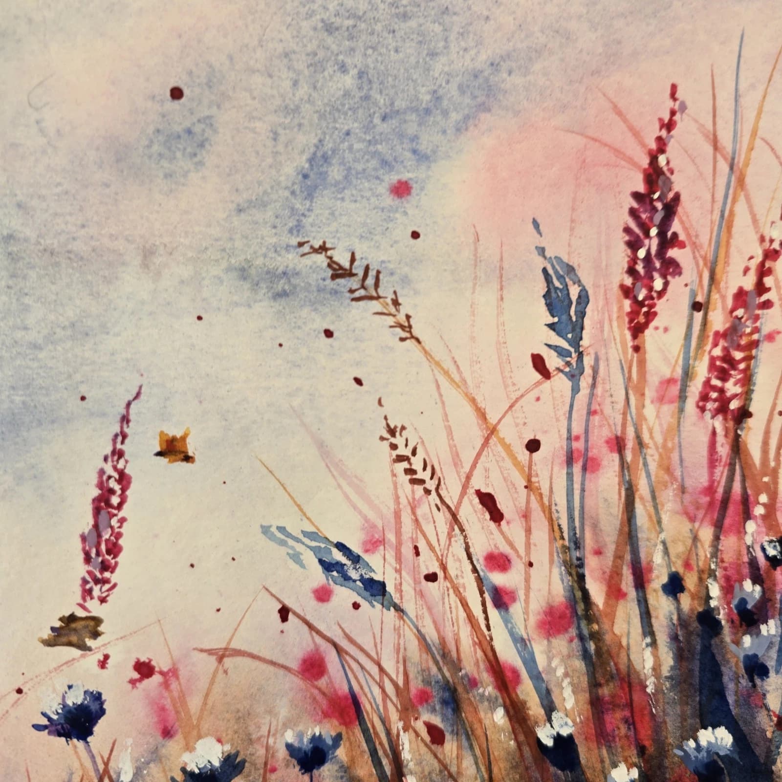 Watercolour Painting Wild Flowers Cornflowers Butterflies Framed thumbnail 13