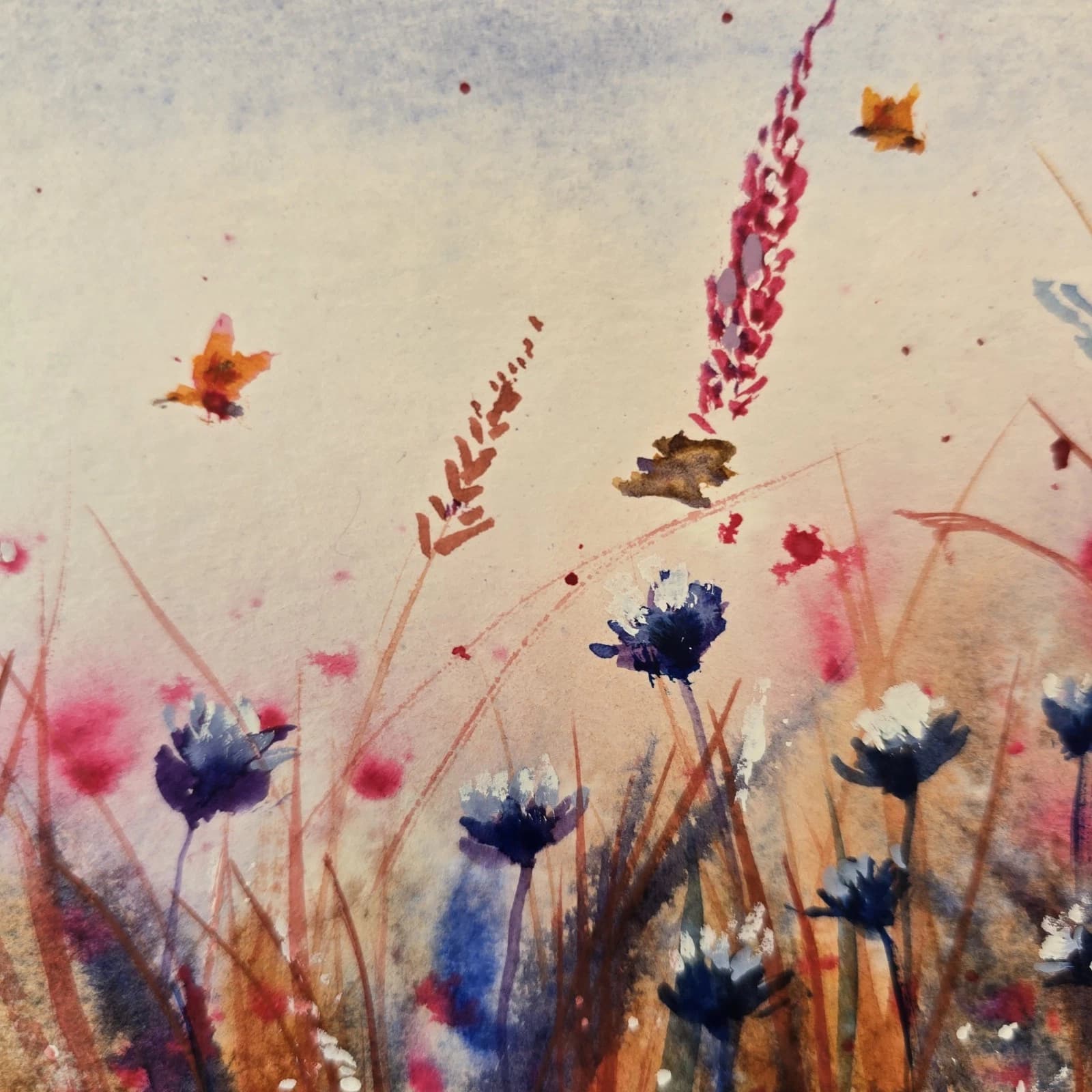 Watercolour Painting Wild Flowers Cornflowers Butterflies Framed thumbnail 14