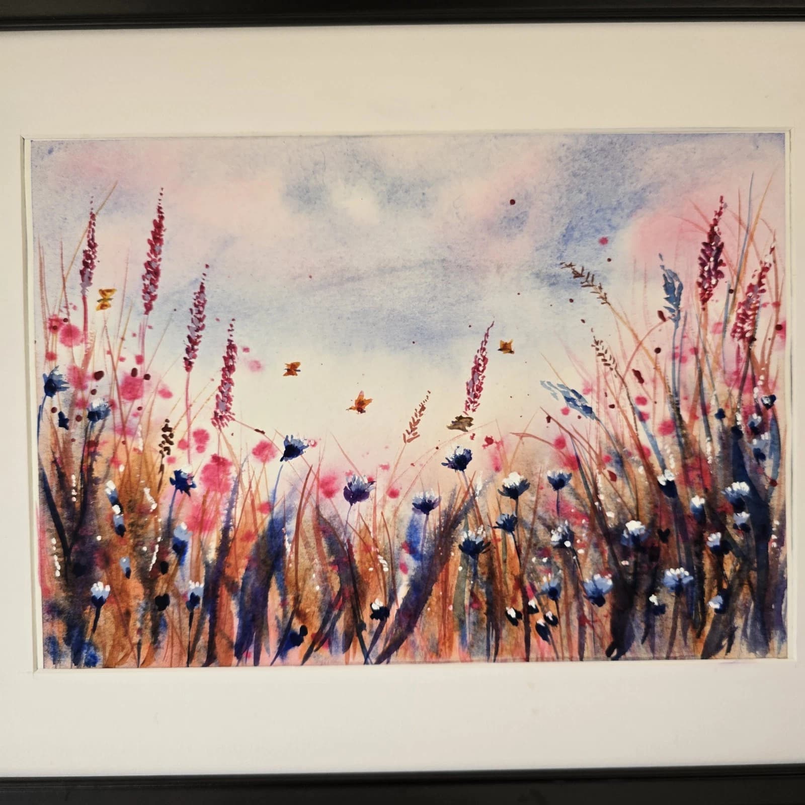 Watercolour Painting Wild Flowers Cornflowers Butterflies Framed thumbnail 3