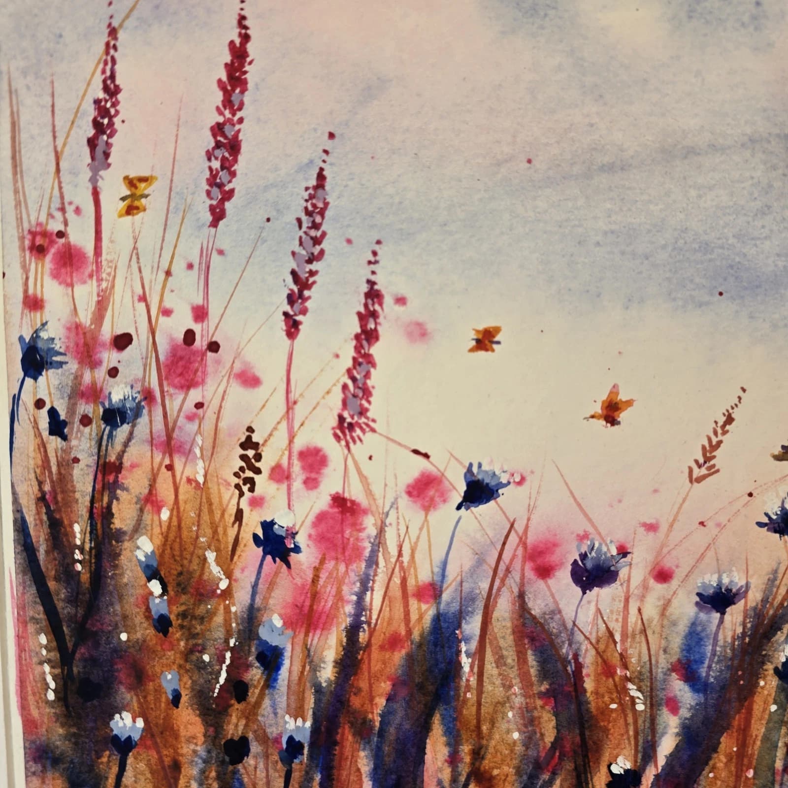 Watercolour Painting Wild Flowers Cornflowers Butterflies Framed thumbnail 4