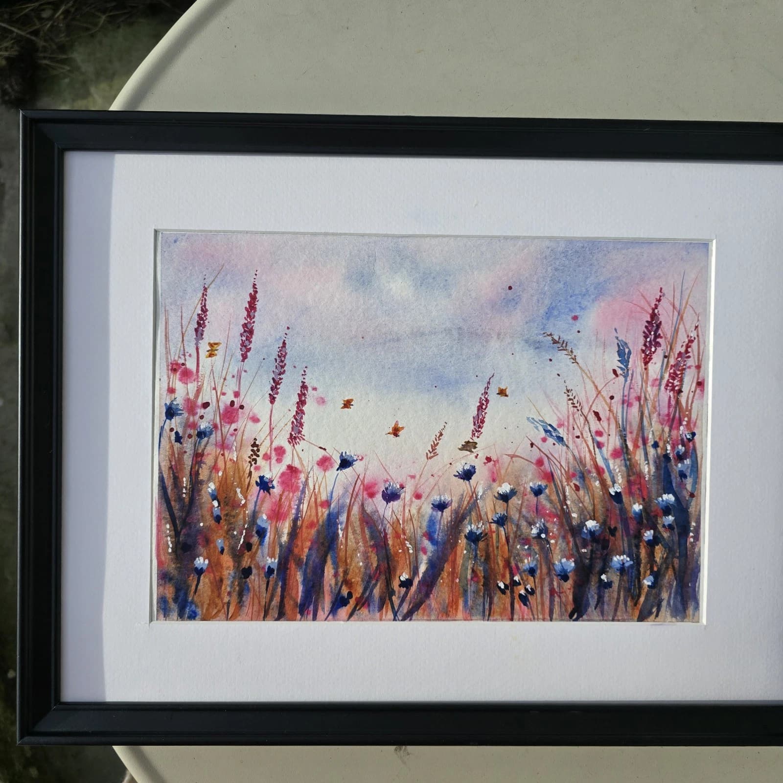 Watercolour Painting Wild Flowers Cornflowers Butterflies Framed thumbnail 7