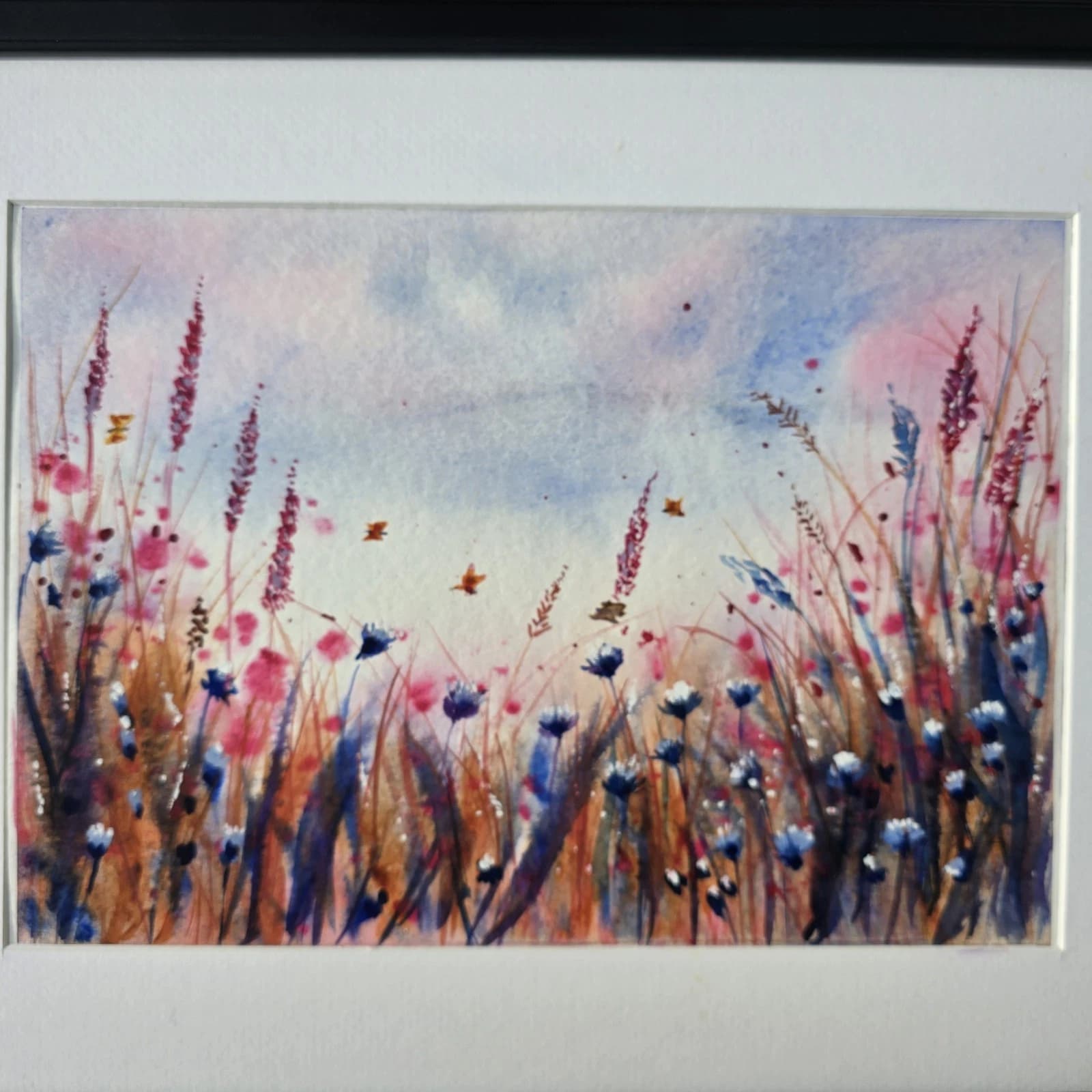 Watercolour Painting Wild Flowers Cornflowers Butterflies Framed thumbnail 8
