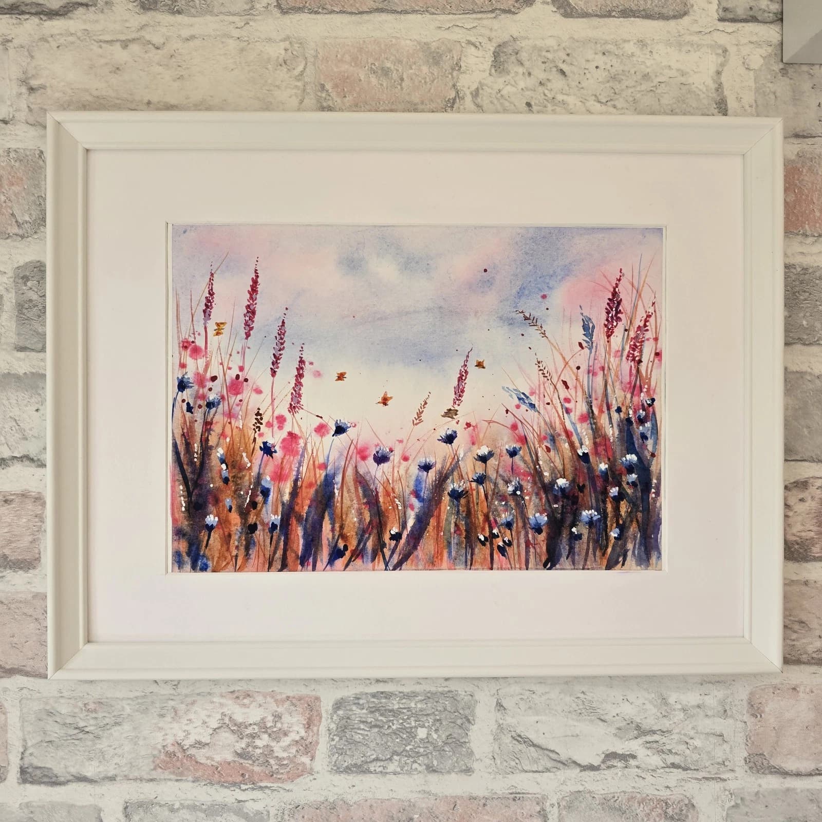 Watercolour Painting Wild Flowers Cornflowers Butterflies Framed thumbnail 9