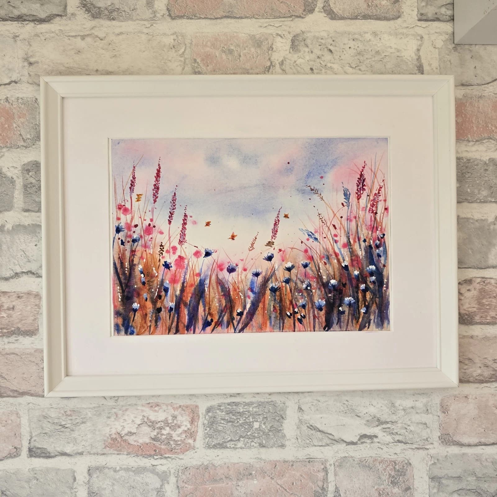 Watercolour Painting Wild Flowers Cornflowers Butterflies Framed thumbnail 10