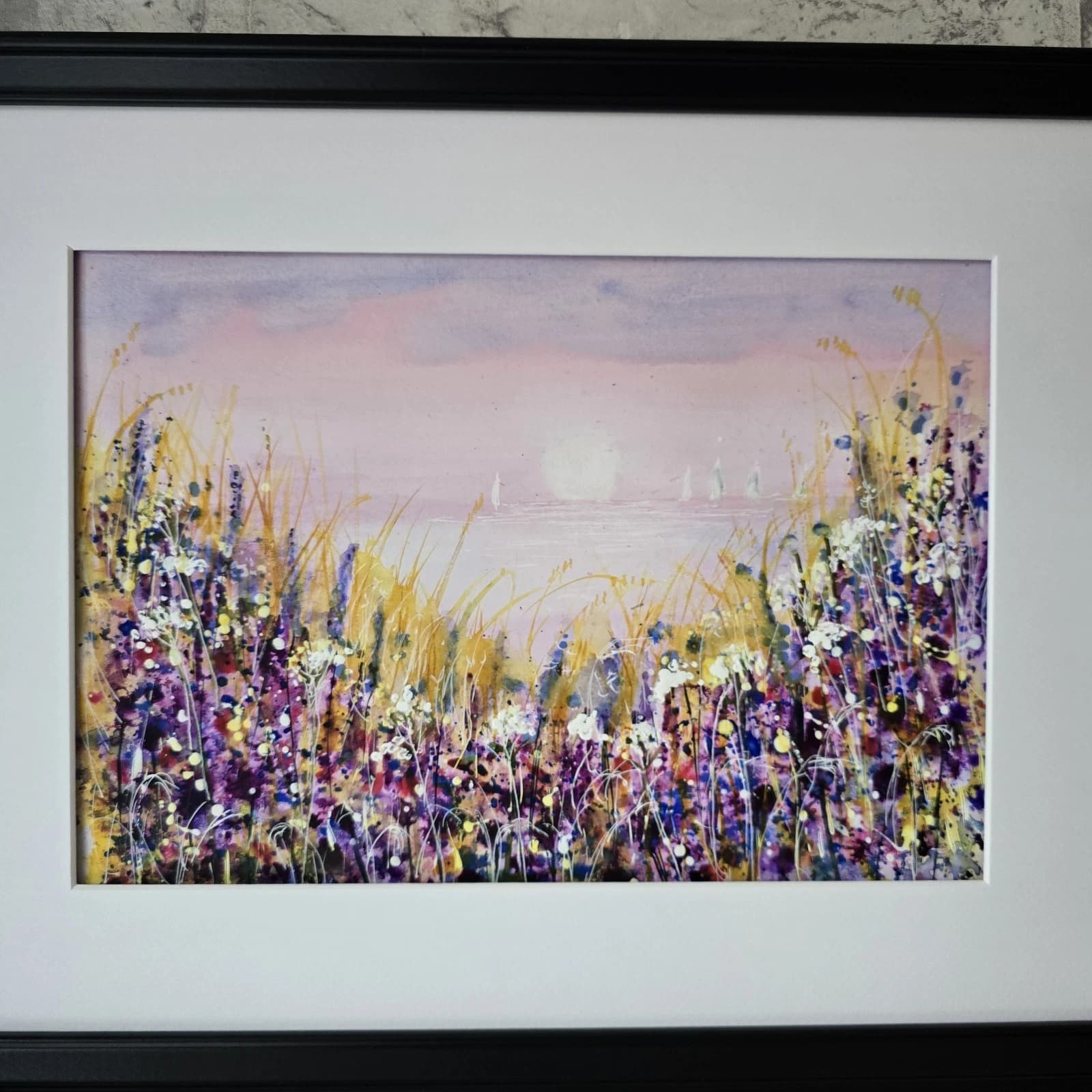 Wildflowers Coastal Landscape Watercolour Painting Floral Boats Framed